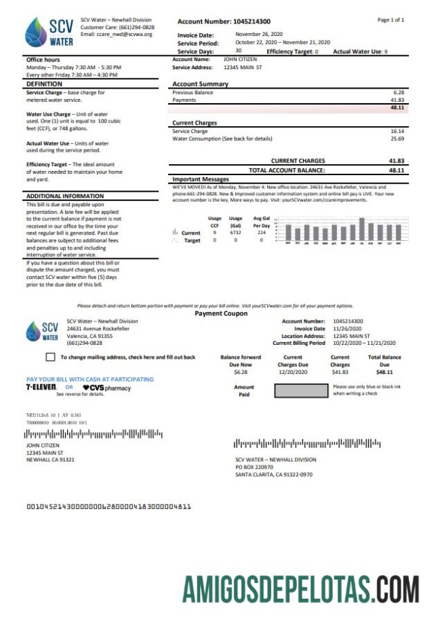 Para baixar modelo de conta de serviços públicos de água SCV dos EUA Califórnia Santa Clarita em formato Word e PDF